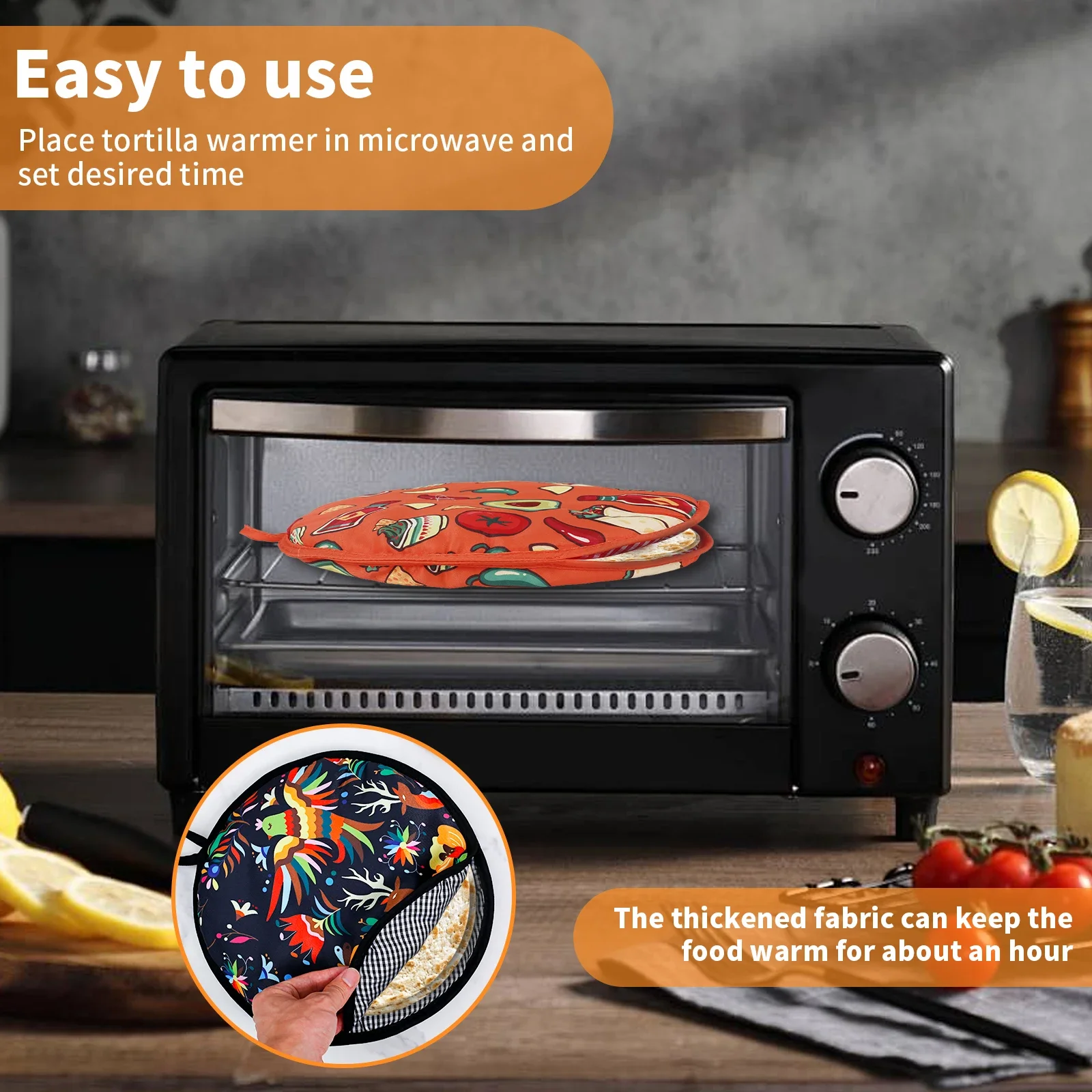 1/2Pcs 12inch Burrito Warmer Bag Circular Cloth Bag with Handle Insulated Microwave-Safe Fabric Holder for Pizza Bread Flour 3