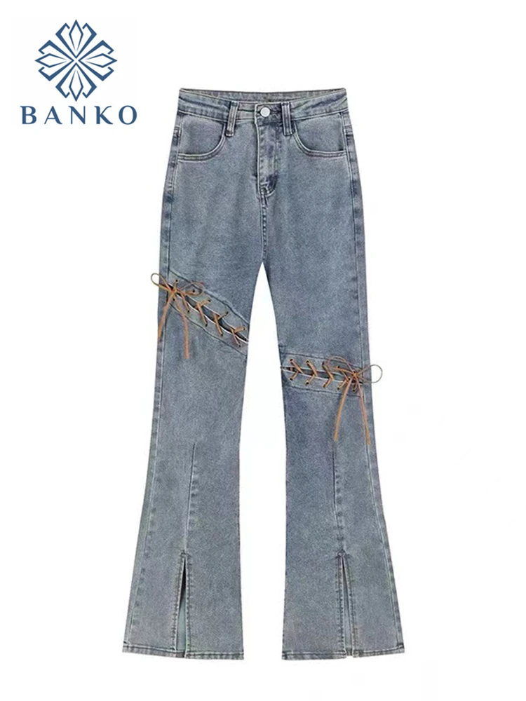 jeans pant 2022 Y2k Gothic Punk Harajuku High Waist Slim Denim Long Trouser Women Slit Ripped Jeans Design Flared Pants Ins Streetwear New denim