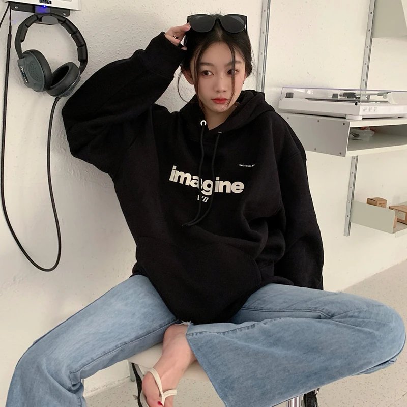 

Women's Clothing Green Drawstring Street Hoodie Letter Printing Long Sleeves Korean Fashion Hip Hop Oversize Baggy Tops Autumn