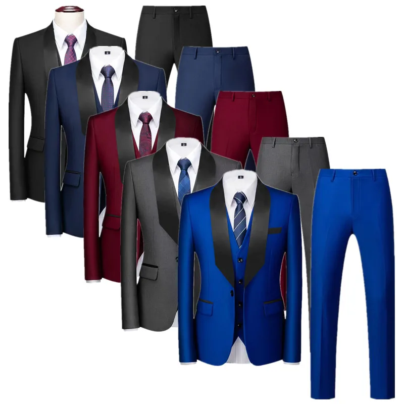 Men Pure Colour Formal Wedding Suit 3 Piece Black / Blue / Dark Grey Fashion Simple Male Business Social Tuxedo Dress Set
