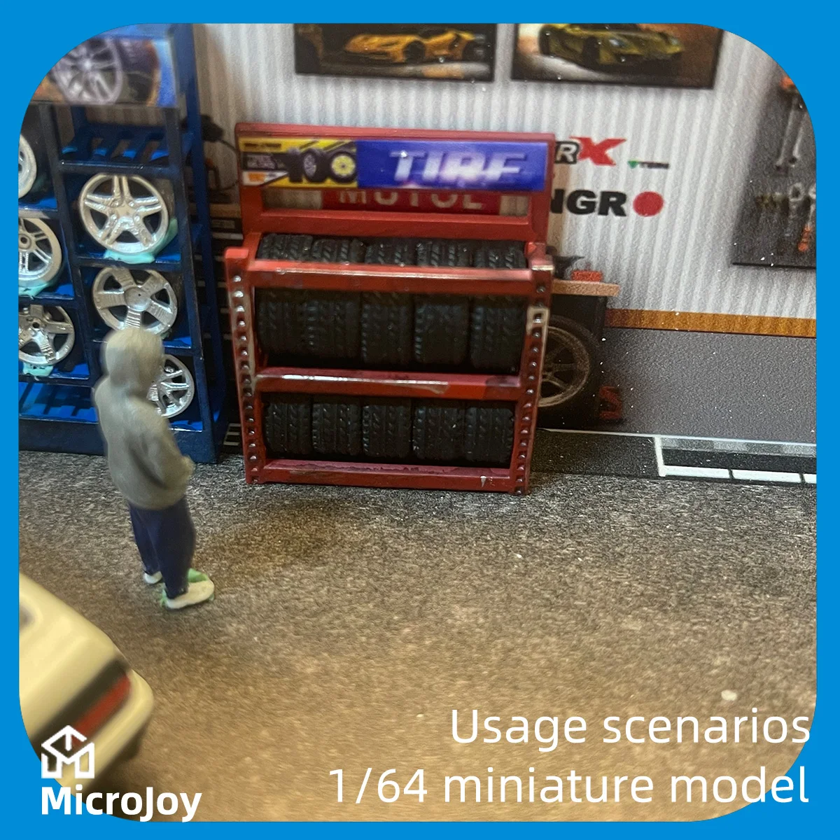 세부적인 장면: 1:64 스케일 미니어처 모델, 수리 공장, 타이어 선반, 미니 타이어 커버, 장식품 10개, 자동차 모델 장면, 에이지드 어레인지먼트