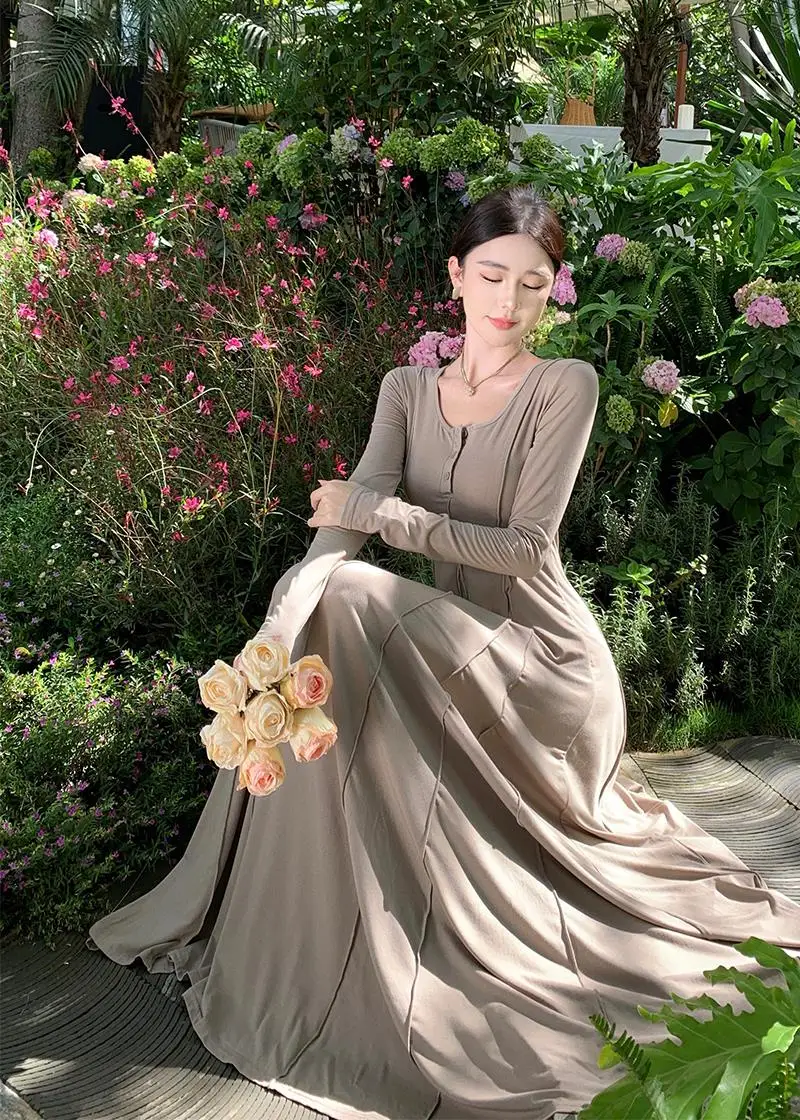 Casual Knitted Dresses for Women Long Sleeves Square Collar A-line Autumn Maxi Dress Korean Fashion Solid Vestidos Mujer New