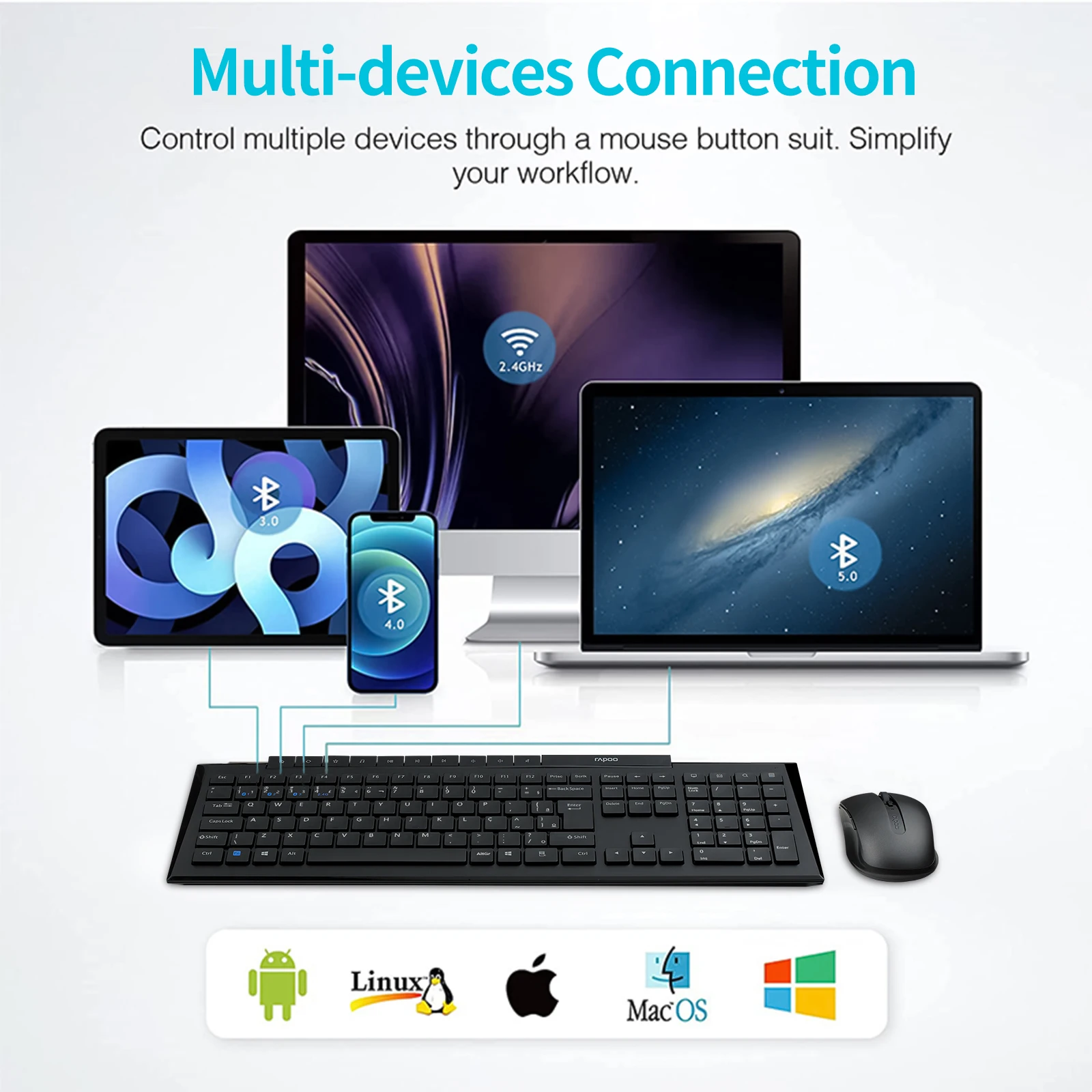 Rapoo-kit de Teclado e Mouse sem Fio Multi-device Bluetooth Cor Preta Teclas Multimídia Português Brasil Abnt2 8210m - Imagem 6
