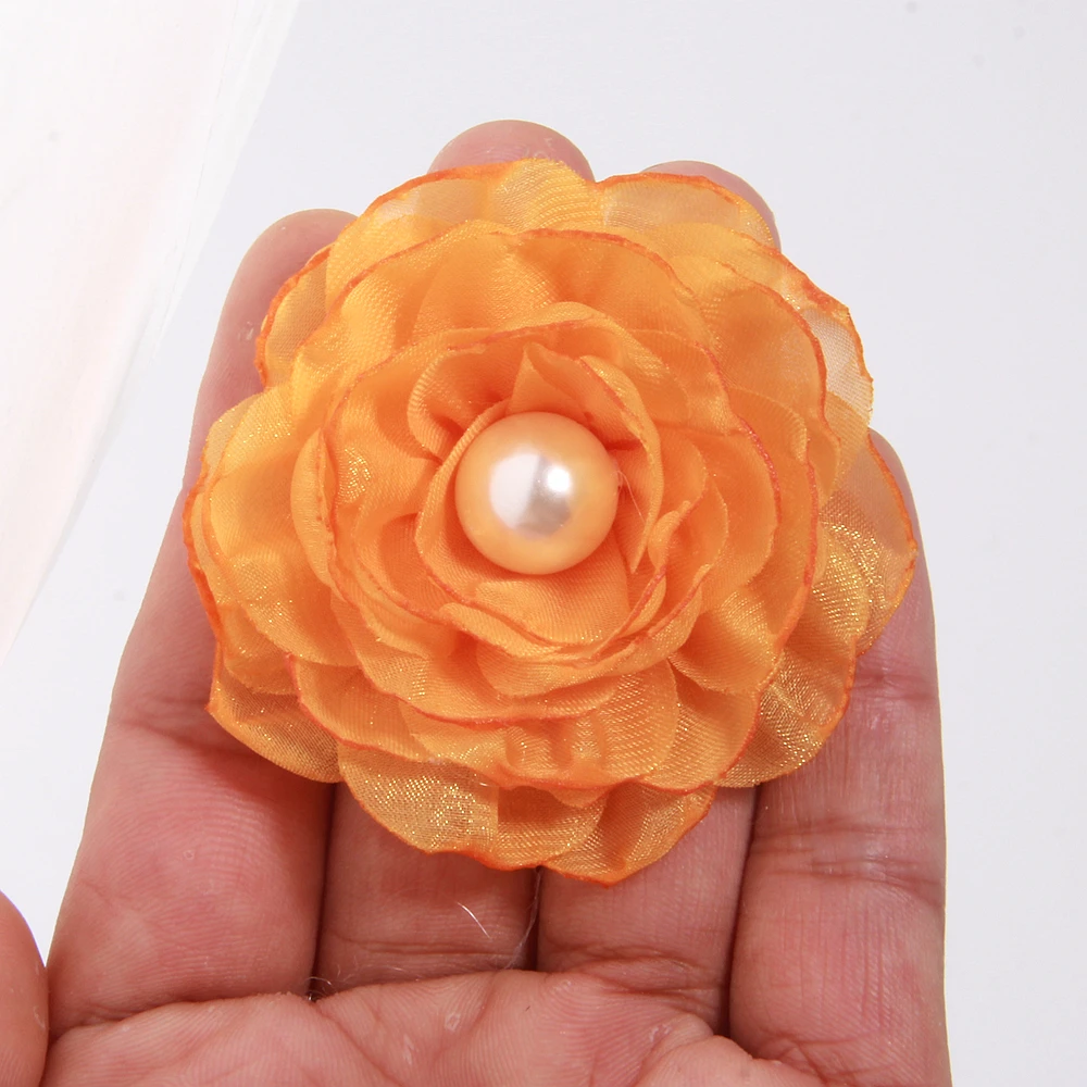 6 cm Stoffblumen, Perlenmitte, Blumenmuster, gebrannter Organza, gesangene Blume für Stirnband, Haarschmuck – Detail 7