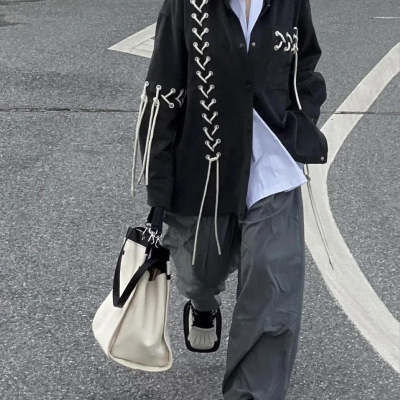 Gmiixder 유니섹스 빈티지 펑크 블랙 셔츠 코트 남성 여성 봄 가을 일본 하라주쿠 타이 로프 탑 다목적 하이 스트리트 셔츠