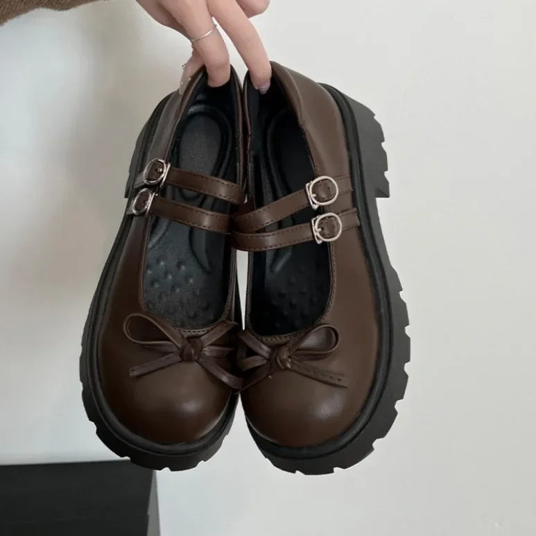 BowVintage-Chaussures Polyvalentes pour Femmes, Nouveau Style, Marron, Document, Tête Ronde, Optique Confortable, Astronomique, Talon Rugueux, Petites Chaussures en Cuir, 2024 - AliExpress