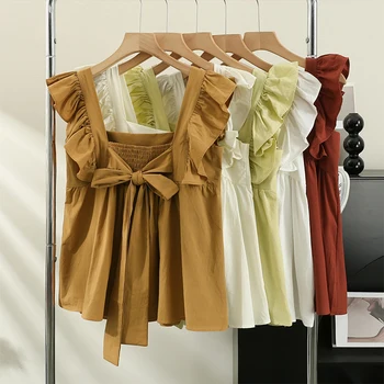 여성 디자인 감성 나비넥타이 루즈핏 블라우스 여름 틈새 슬리밍 탑