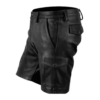 2023 Men's Real Cowhide Leather Cargo Shorts Black Cargo Pockets Shorts With Belt men shorts 1