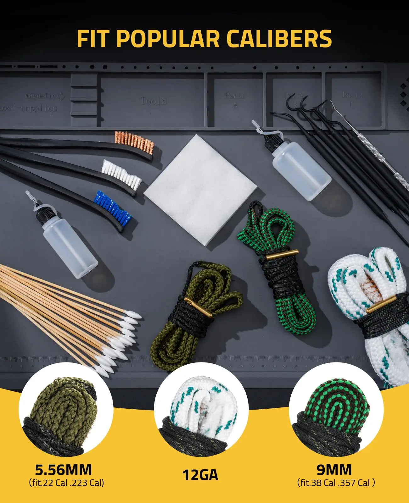 Gun Cleaning Mat Kit Bore Cleaner Set For 223 5.56/9mm/12Ga Supplies Patches Cleaner Swabs Gun Brushes Needle Oil Applicator Mag