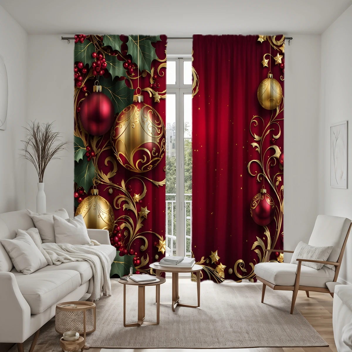 2pcs HD Christmas drop ball Holly berry decorative curtain Red green tie digital printed curtain Home decoration style decora 6