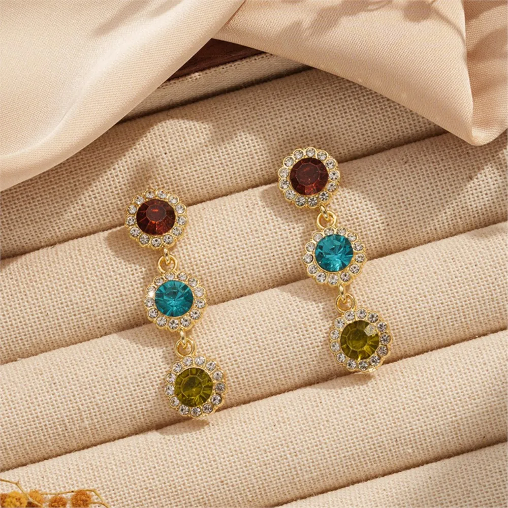 Elegant Colorful Round Rhinestone Drop Earrings for Women Light Luxury Shiny Zircon Stud Earrings Party Jewelry Gifts