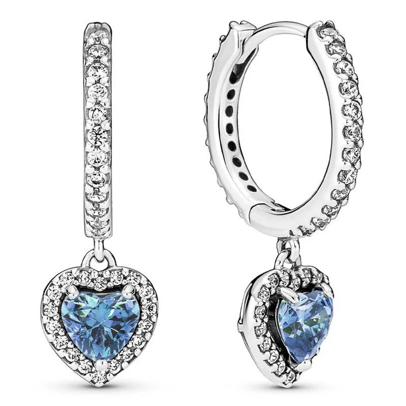 Nový 925 mincovní stříbro náušnice jiskřivý halové jevy srdce obruč náušnice s červená modrá průhledný broušené sklo pro ženy dar oblíbený šperků