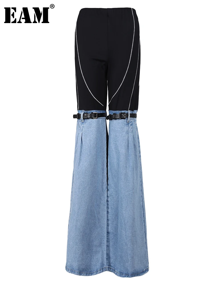 

[EAM] High Waist Blue Denim Color-block Long Wide Leg Jeans New Loose Women Trousers Fashion Tide Spring Autumn 2023 YX018105