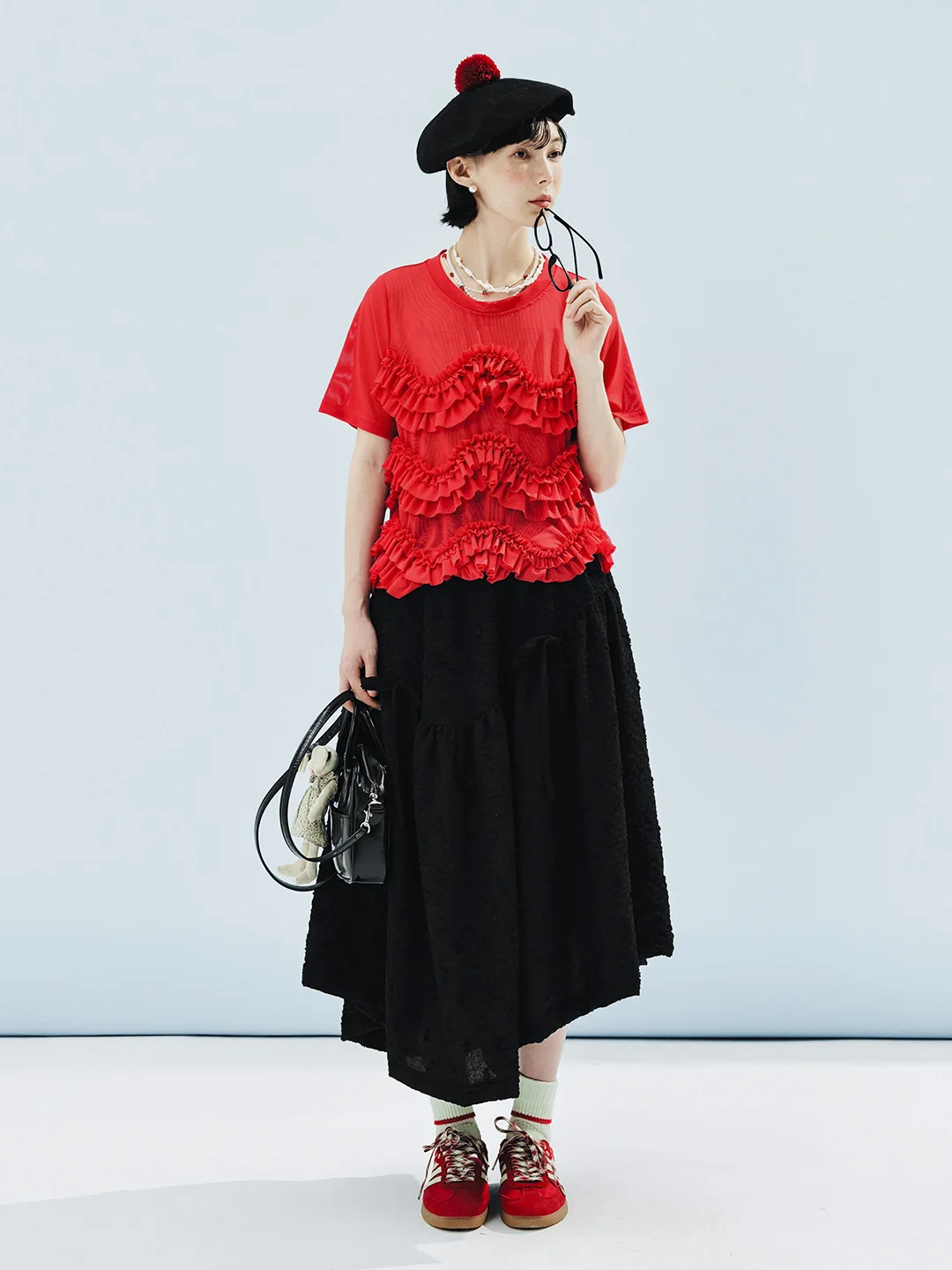 IMAKOKONI original design elastic waist black irregular pleated cotton skirt spring 244596