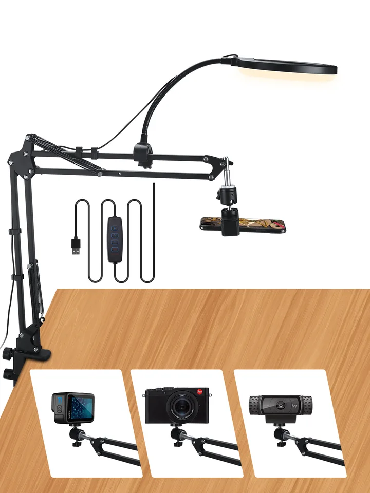 Overhead statief Mount scharnierende arm,Mobiele telefoonhouder, Video Webcam Stand Luie Bureau Arm Klem Tafel Desktop Suspension Schaar Arm Stand Accessoire voor Video Opname Live Stream
