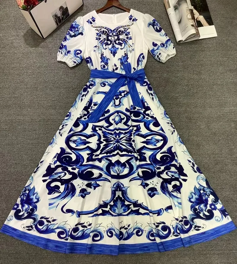 

Newest Fashion Style Summer Dress 2023 High Quality Women O-Neck Vintage Porcelain Prints Belt Deco Short Sleeve Big Swing Dress