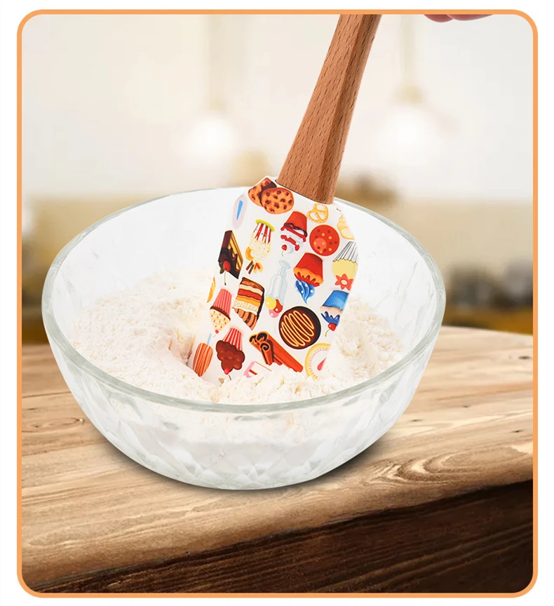Description Picture 5 of itemCartoon Pattern Silicone Baking Spatula Non-stick Pastry Blenders Wooden Handle Cream Cooking Scraper Kitchen Flour Cake Mixer
