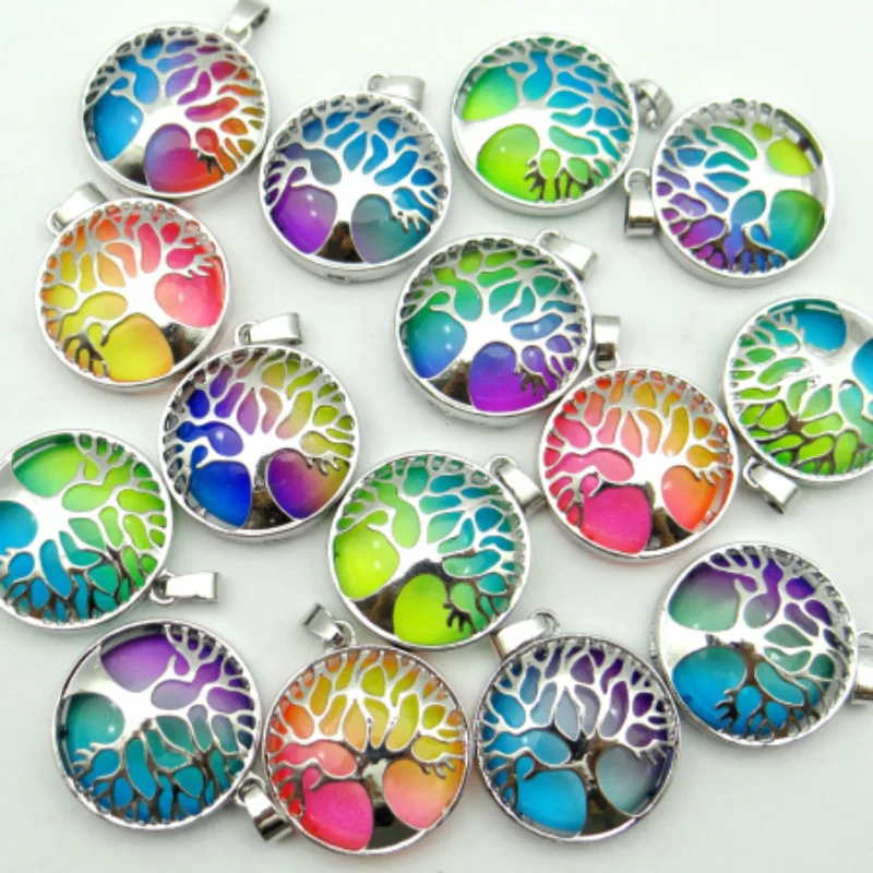 

15pcs Rainbow Colored Glass Tree of Life Shape Metal Pendant Charms DIY Jewelry Making Necklaces Accessories