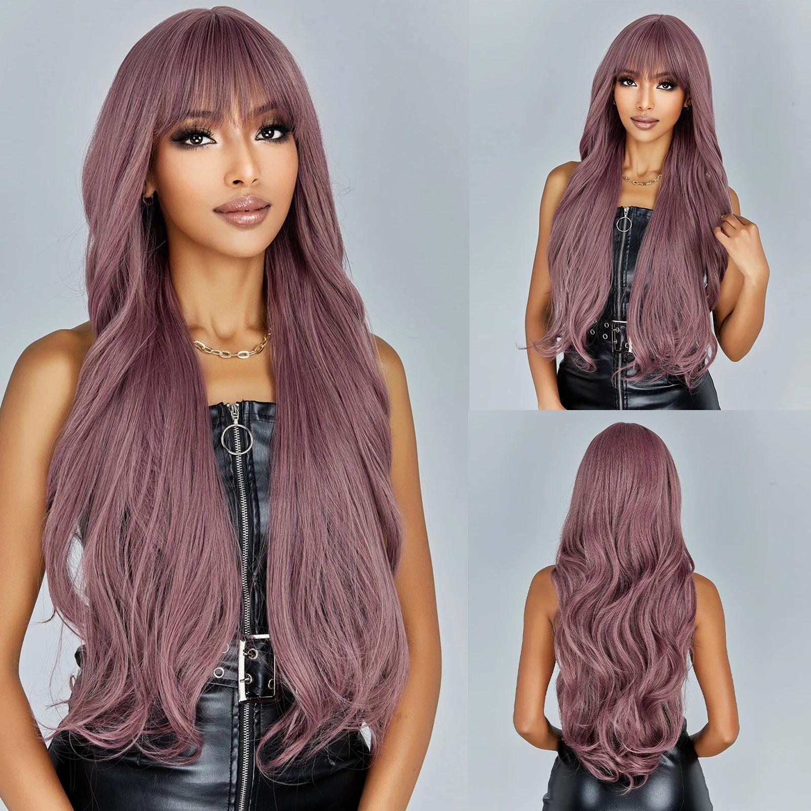 

Light Purple Wavy Synthetic Wigs with Bangs Long Purple Lolita Cosplay Hair for Women Afro Natural Wave Wig Daily Heat Resistant