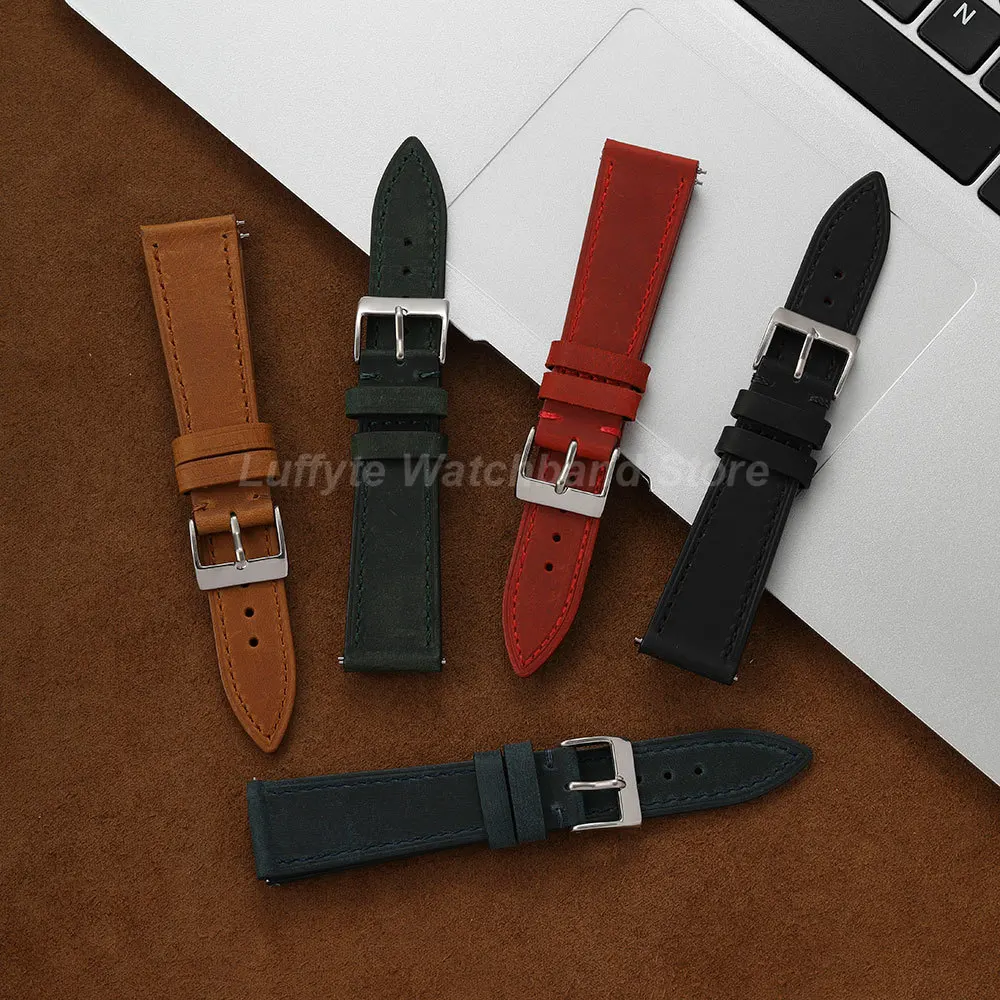 Men's Vintage Crazy Horse Leather Watch Strap with Quick Release - Retro Casual Replacement Wristband