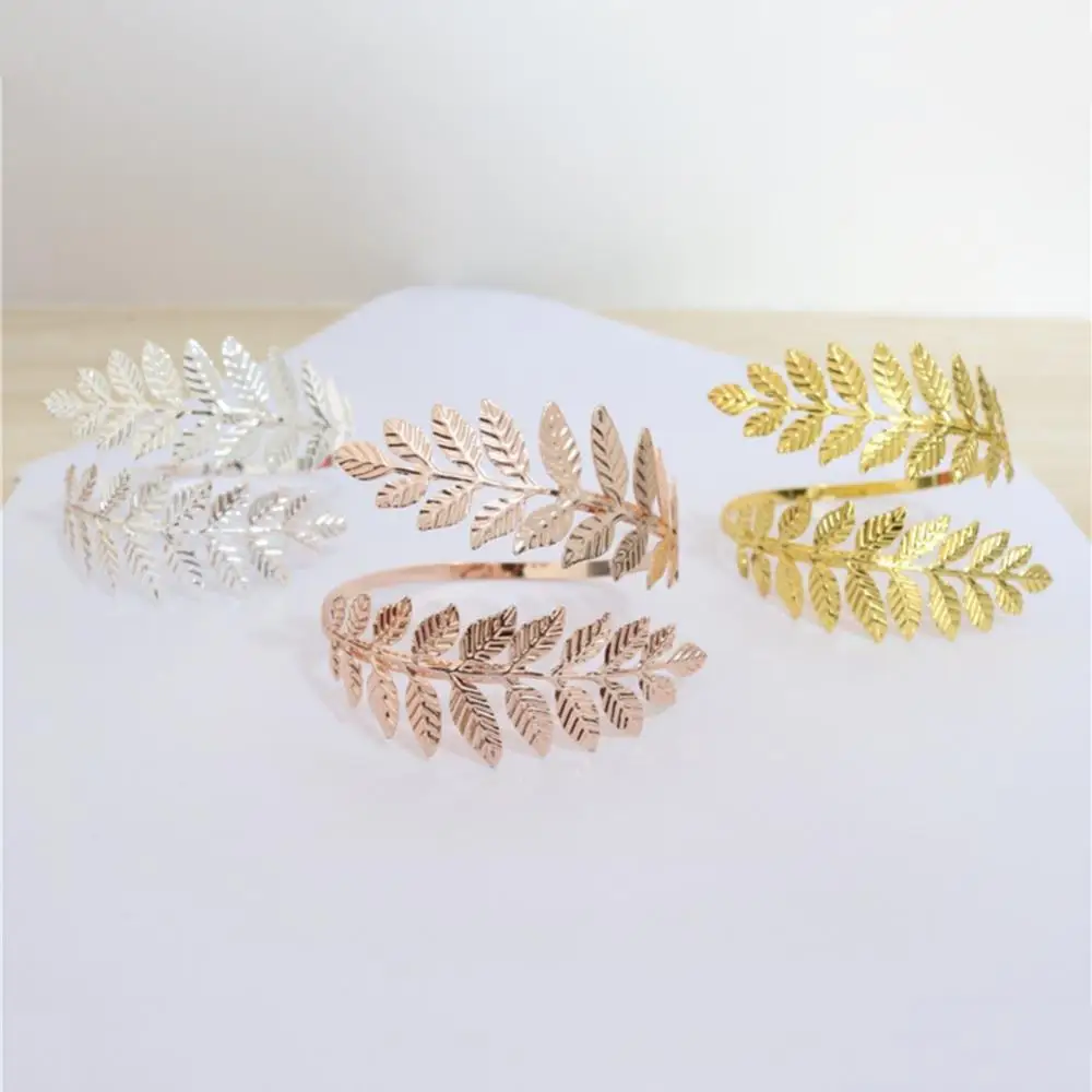Women Alloy Jewelry Bracelet Charm Bangle Retro 10cm Diameter Metal Leaf Open Arm Cuff Armlet Fine Greek Roman Open Ended Spiral 2