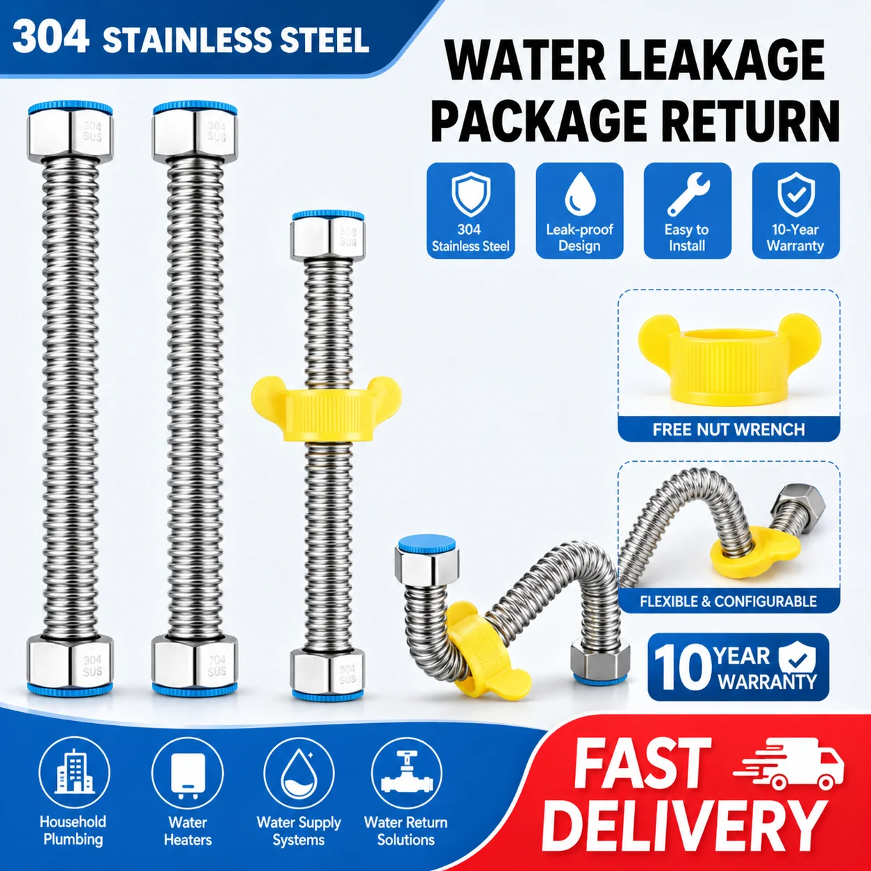 Premium Stainless Steel Water Connection Hose with Wrench