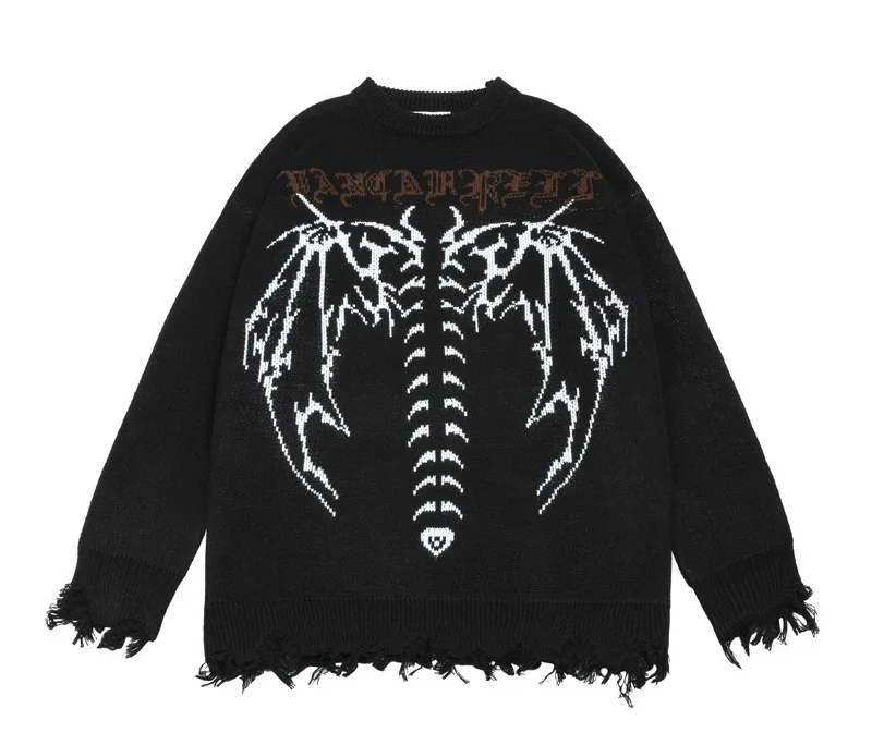 

2023 New Spring Men High Street Fashion Card Hip Hop Ripped Design Wing Skeleton Pattern Unisex Sweaters Coat Mens sweater