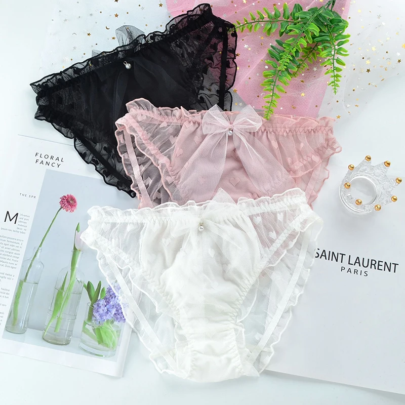 

CANLEKALEI L-5XL Plus Size Women's Panties Briefs Sexy Lingeries Female Underwear Mesh Lace Sheer Japanese Love Bow Breathable