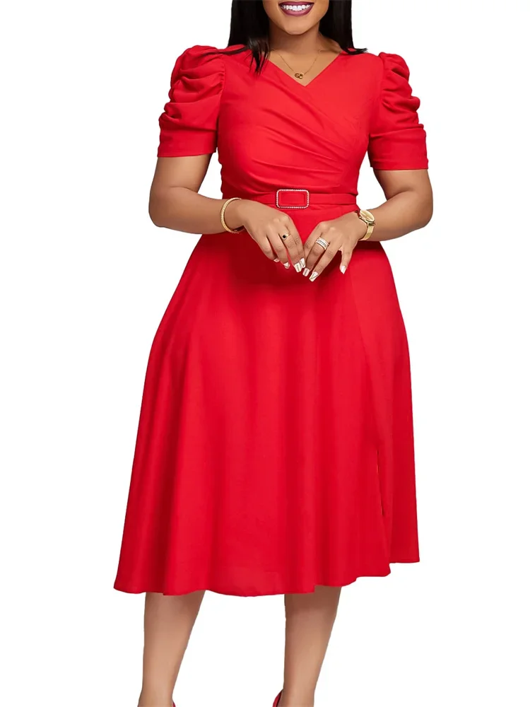 Wmstar Women Dress High Quality Summer Elegant Solid Color V Neck Short Sleeve High Waist Casual Loose Pleated Dresses Vestidos