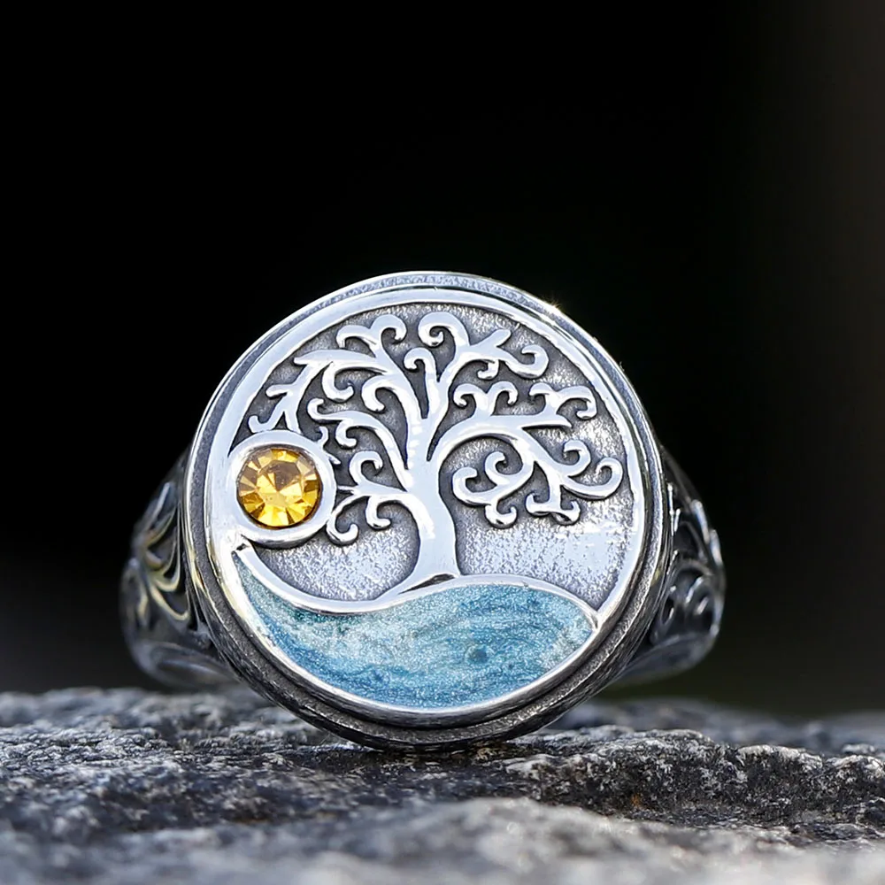 2024 Neues Muster Vintage Wikinger Baum des Lebens Ring mit gelbem Zirkon EPOXY Anels Jubiläumsschmuck für Mann Frauen Paar Geschenk – Detail 4