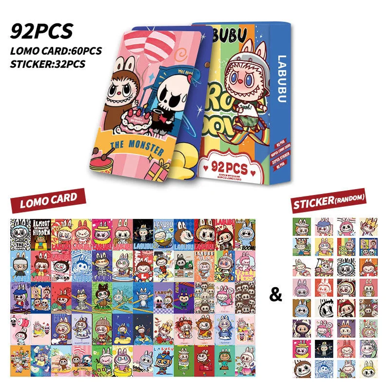 92Pcs Labubu Anime 홀로그램 LOMO 카드 - 팬 및 선물용 스티커가 포함된 귀여운 소장용 캐릭터 사진 카드