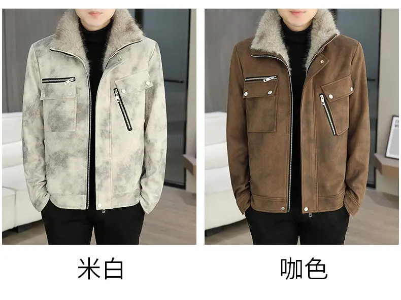 Mode männer Warme Pelz Kragen Plüsch Liner Jacken Winter Hohe Streetwear Verdicken Fleece Mäntel Outdoor Winddicht Top Wildleder Parkas – Detail 7