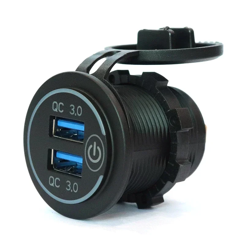 Dual USB Fast Car Charger with Touch Switch & LED Light - Waterproof QC3.0 Power Outlet