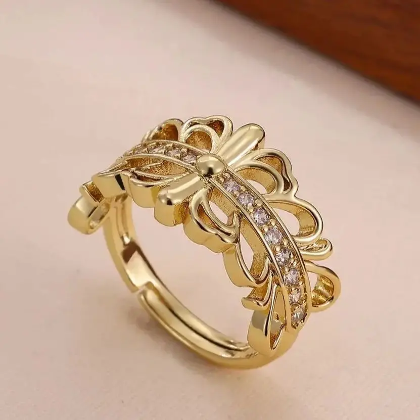 Zircon Butterfly Rings Gold Stainless Steel Hollow Spliced Ring For Women