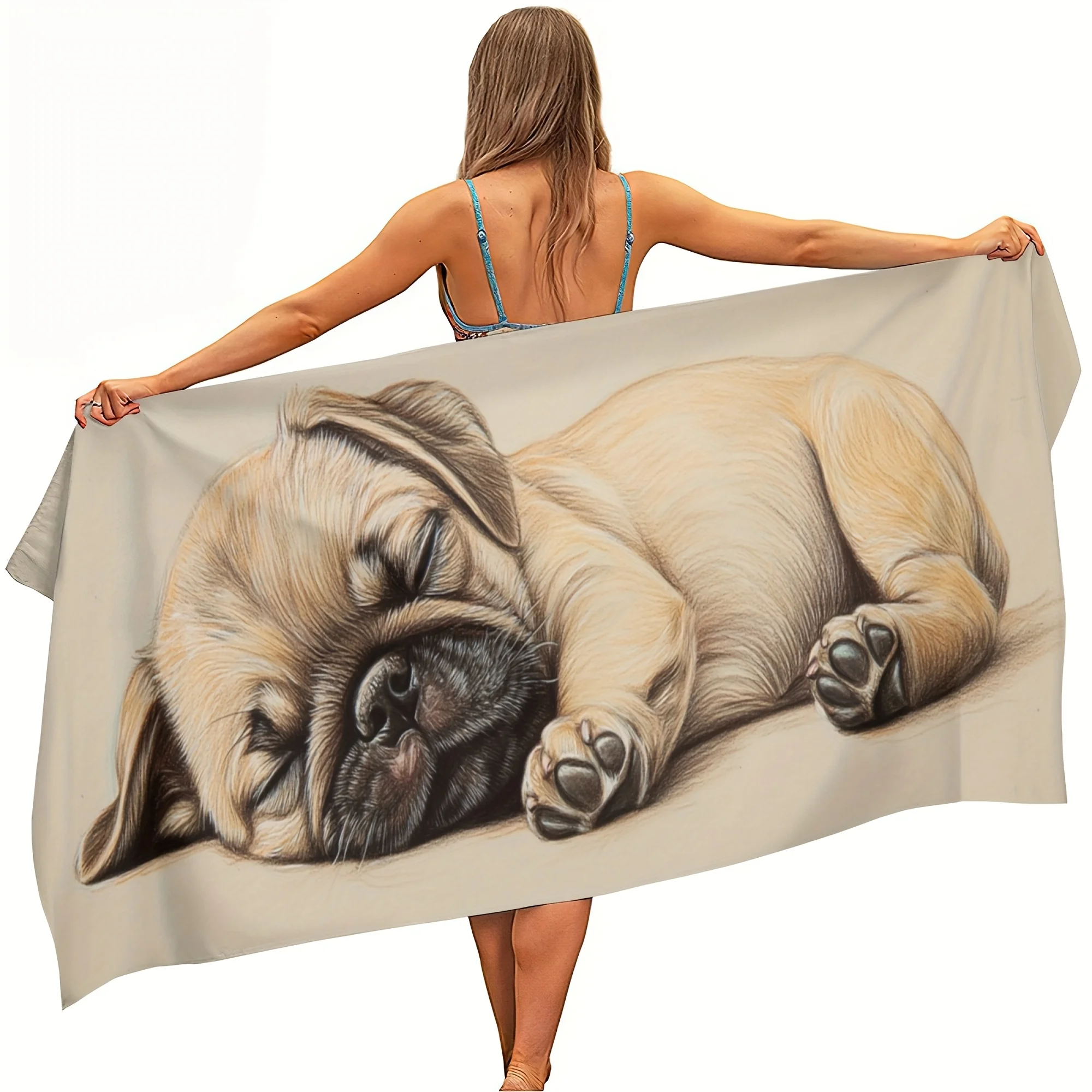 1PC 슬리핑 퍼그 프린트 비치 타월 폴리에스테르 속건성 경량 소프트 타월 수영 서핑 캠핑 여행 비치 에센