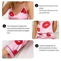 Women's Satin Pajama Set with Lip Print V-Neck Cami Top and Elastic Pants For Women Pijama Comfortable Sleep and Loungwear - Image 5