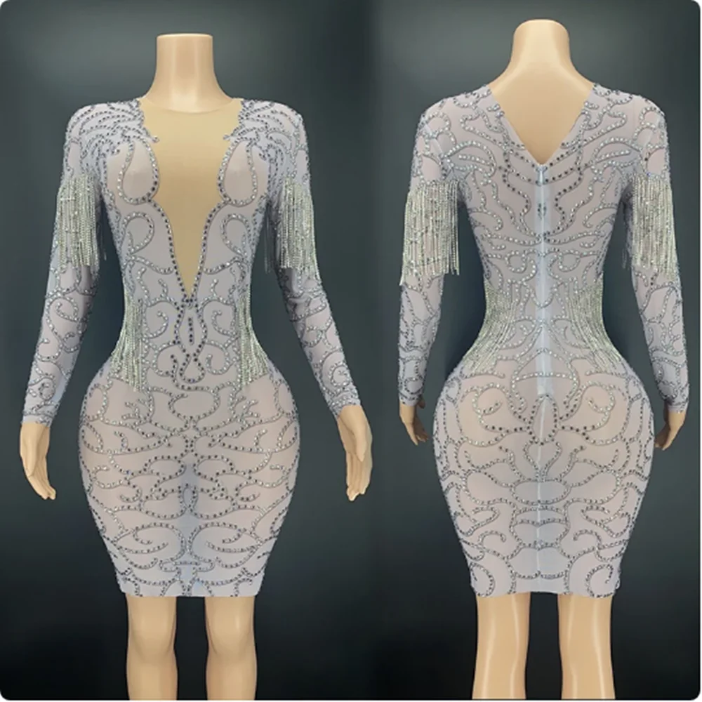 

Female Stretch Rhinestone Stage Costume Evening Dresses Birthday Celebrate Festival Clothing Printing Tassel Dress