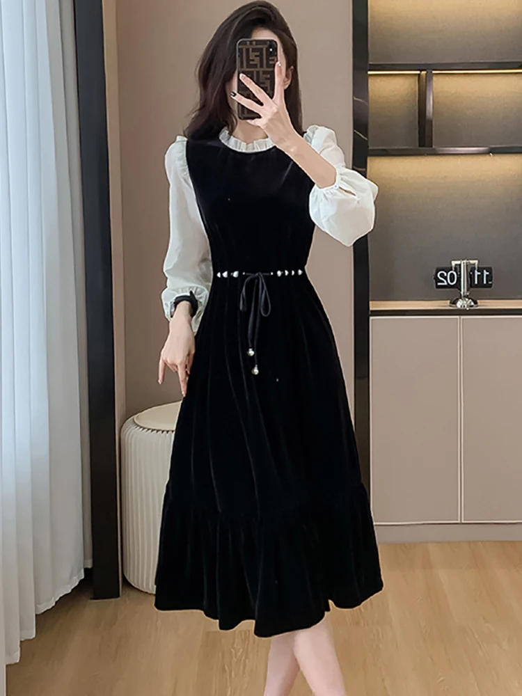 

2023 Black Flannel Patchwork White Long Sleeve Midi Dress Autumn Winter Chic Bow Bandage Dress Women Elegant Bodycon Prom Dress