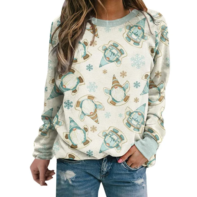 Autumn Winter Women's Pullover Round Neck Cartoon Printed Lantern Plaid Printing Long Sleeve T-shirt Hoodies Fashion Casual Tops