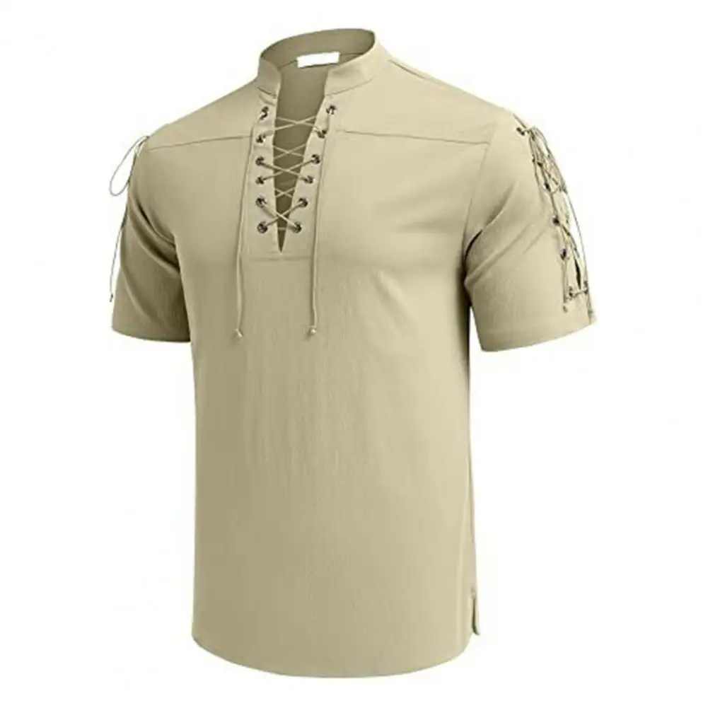 Men Summer T-shirt V Neck Stand Collar Lace Up Multi Strap Slim Match Pants Pullover Mid Length Beachwear Men Top Clothes