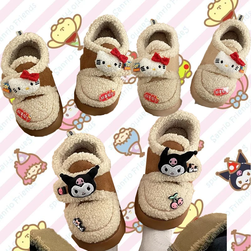 

Kawaii Sanrios Kuromi Hello Kitty Snow Boots Winter Keep Warm Cotton Shoes Plush Padded Shoes Ladies Cute Velcro Women's Boots