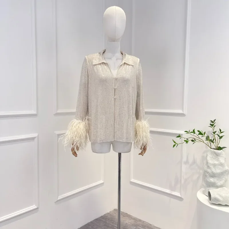 White 2023 New Fashion High Quality Feather Diamonds Full Sleeve Casual Blouse for Woman