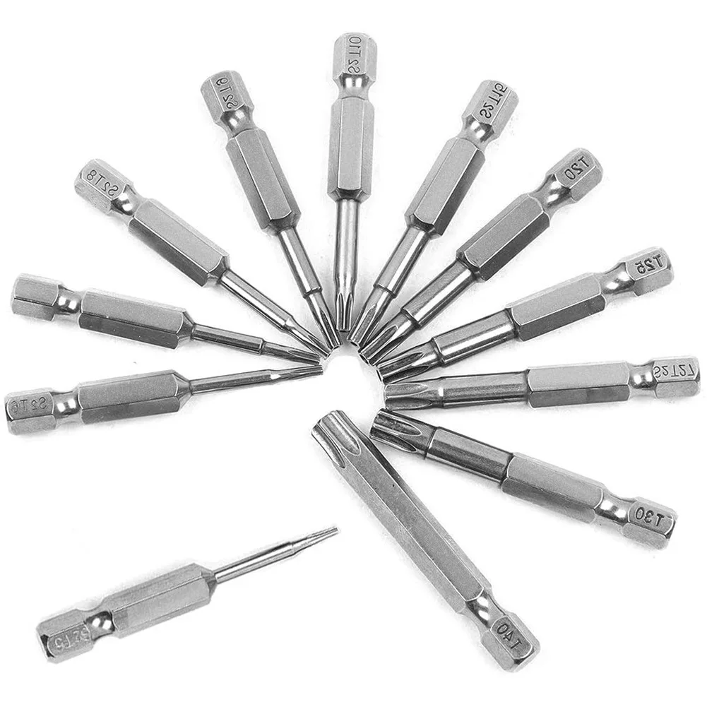 Hex Shank Torx Security Head Screwdriver Drill Set 4 Inch Length S2 Steel Torx Screwdriver Bit Set 11/12pcs Torx Head 1/4 Inch 2