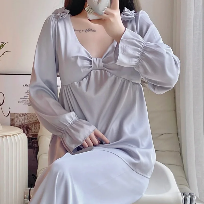 Women's Pajamas Set Solid Pijama Faux Silk Satin Bow Pyjama Female Sleepwear Long Sleeve V-Neck Shirt Pants Suits Homewear
