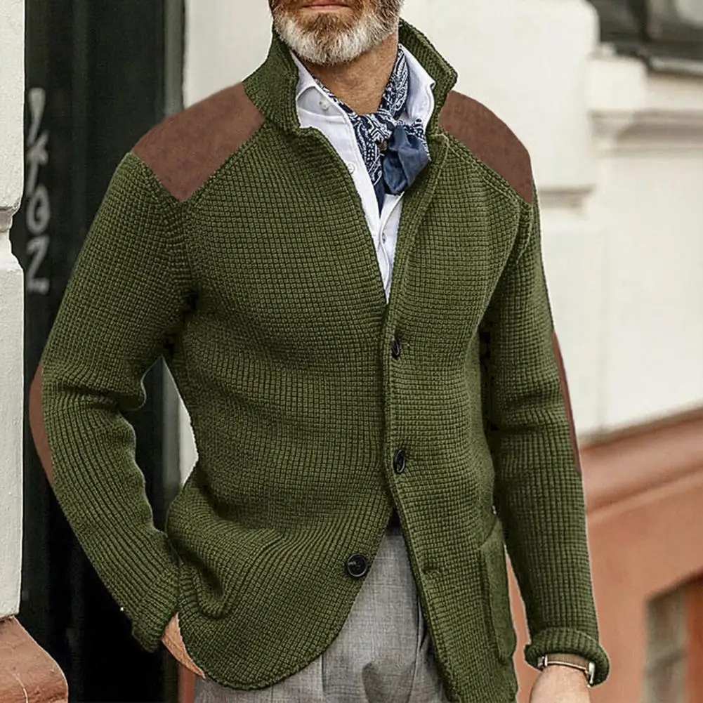 

Однобортный Кардиган, стильный мужской вязаный кардиган, свитер, мягкое эластичное зимнее пальто с лацканами в стиле пэчворк