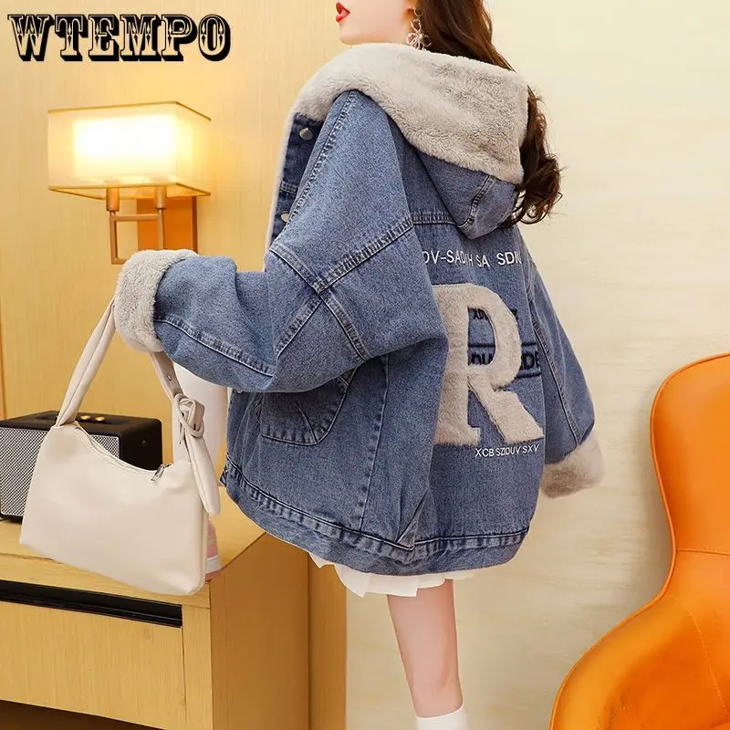 

WTEMPO Women's Long Sleeve Drop Shoulder Hooded Denim Jacket Fleece Lined Jean Shacket Loose Autumn Winter Hoody Plush Outwear