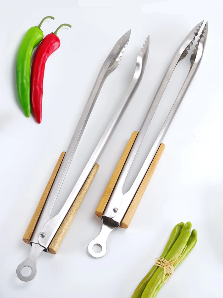 

19 Inch Stainless Steel Extra Large Food Clip Baking Wooden Handle Bamboo Handle Barbecue Clip Baking Barbeque Accessories