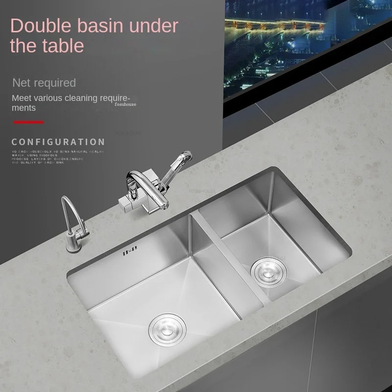 Home Stainless Steel Kitchen Sinks Kitchen Accessories Dish Drainer Handmade Double-slot Modern Embedded Under-counter Washbasin