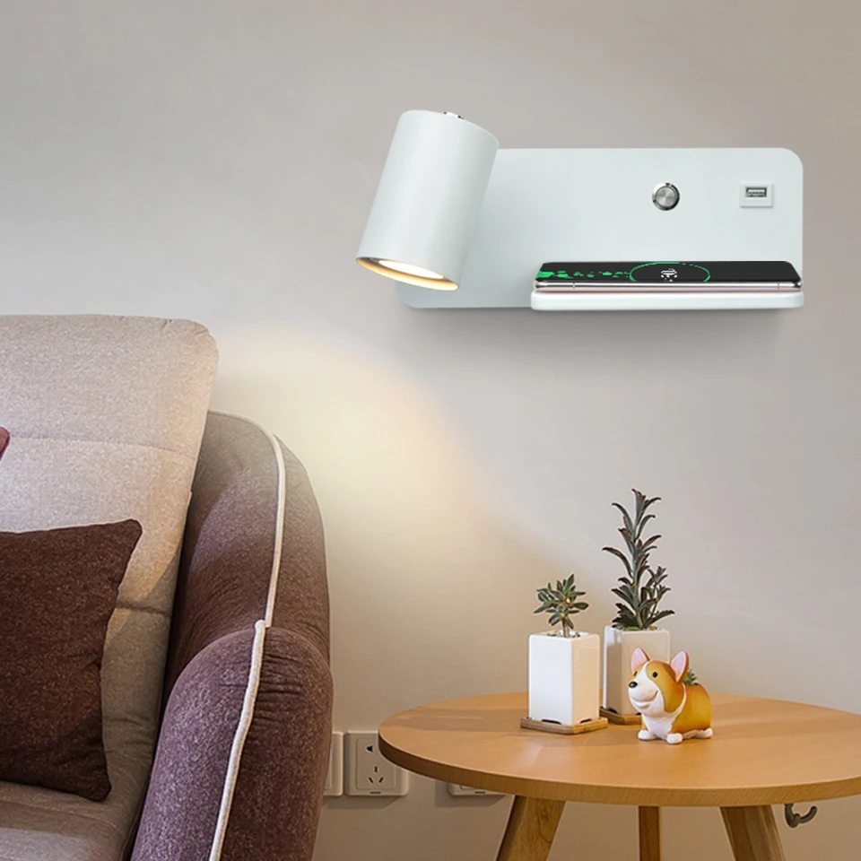 USB 및 무선 충전 LED 벽 램프, 다기능 회전식 실내 벽 조명, 침실 침대..