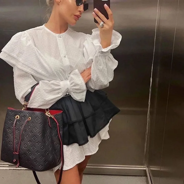 Ruffled Flare Sleeve Shirt Dress For Women With High Waisted Shorts Contrast Color Patchwork Mini Party Dress Autumn New